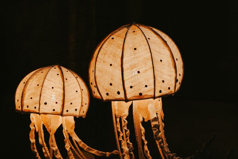 Elegant jellyfish lamps with warm light against a dark background, showcasing unique design. Lampes méduses élégantes avec lumière chaude sur fond sombre, mettant en avant un design unique.