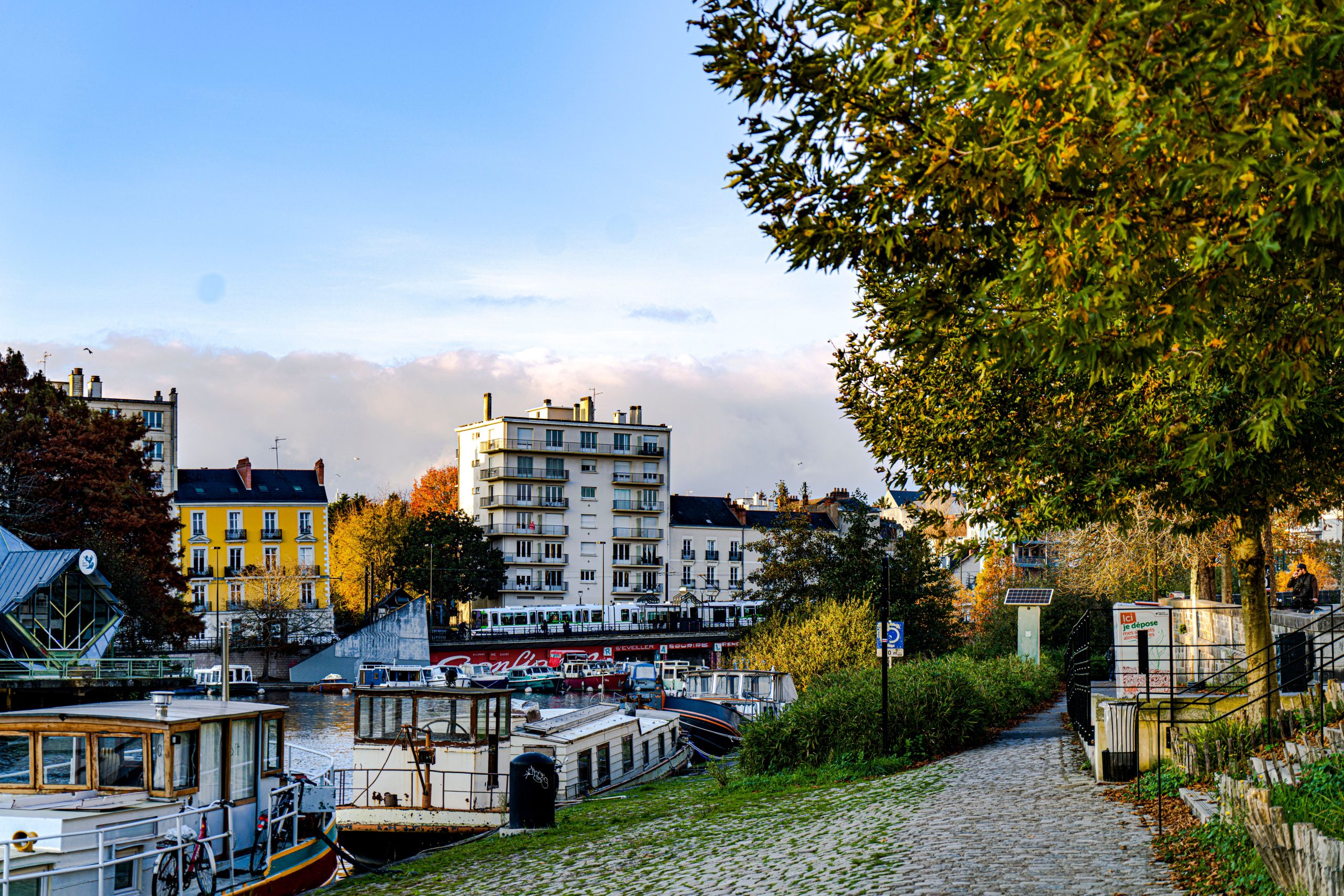 Vue riveraine charmante de Nantes avec bateaux et automne
