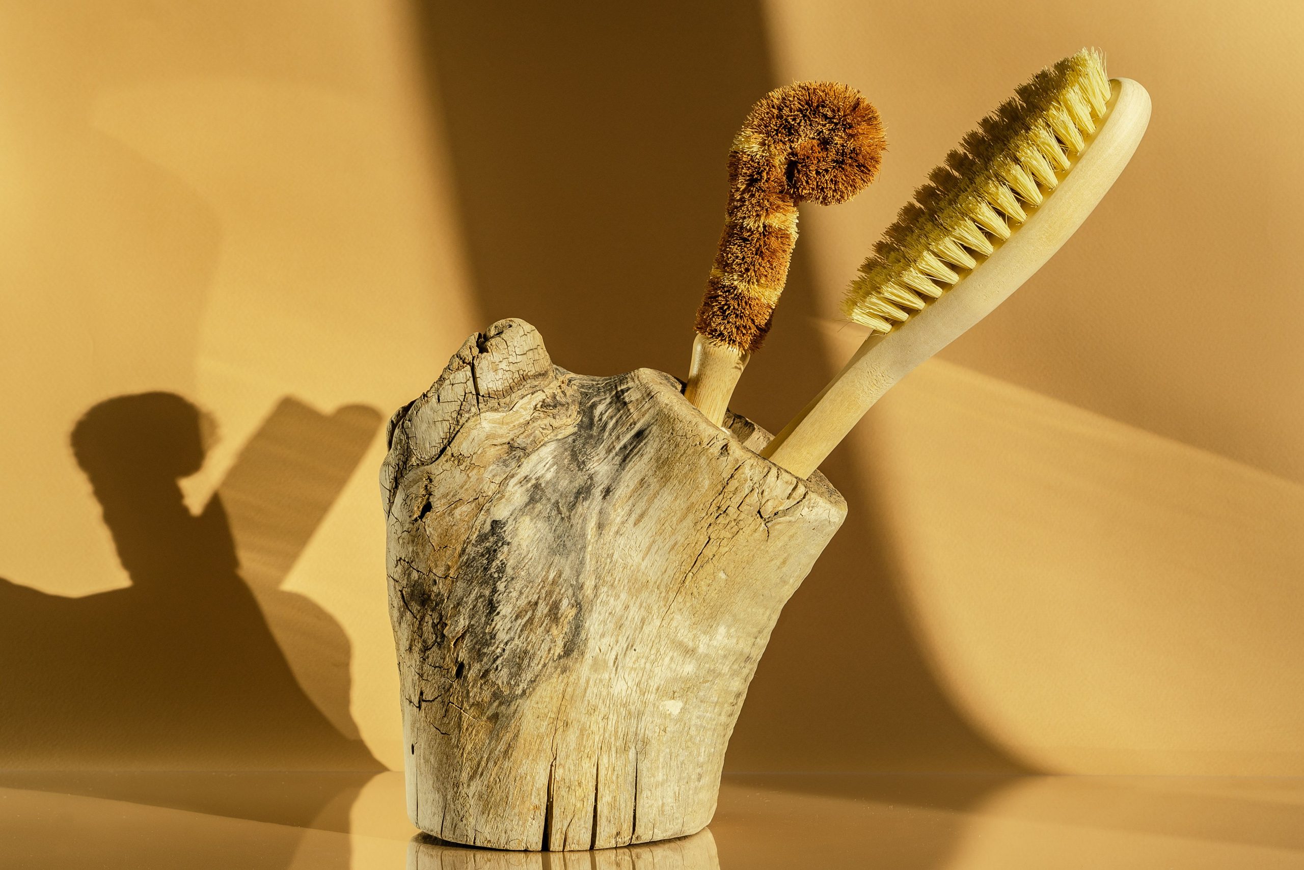 Brosses naturelles écologiques dans porte-brosses rustique bois.